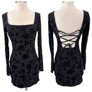NWT Black Velvet Rose Burnout Bodycon Dress M Whimsigoth Fairy Goth Sheer Sleeve